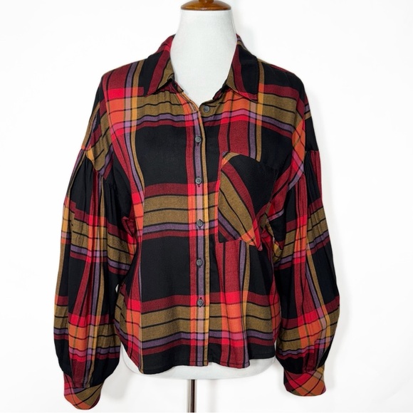Sanctuary Colorful Plaid Red Black Puff Balloon Long Sleeve Buttondown Shirt L - Picture 1 of 11
